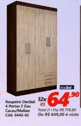 Lojas Becker Roupeiro Decibal 4 Portas 2 Gav. Cacau/ Malbec oferta