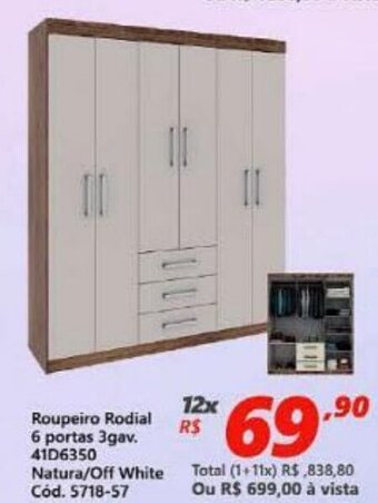Lojas Becker Roupeiro Rodial 6 portas 3 gav. Natural/ Off White oferta