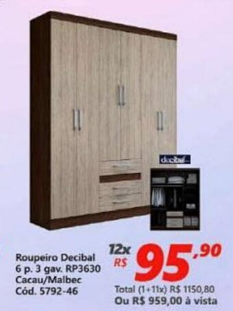 Lojas Becker Roupeiro Decibal 6 p. 3 gav. oferta
