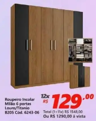Lojas Becker Roupeiro Incolar Milao 6 Portas Louro/Titanio oferta