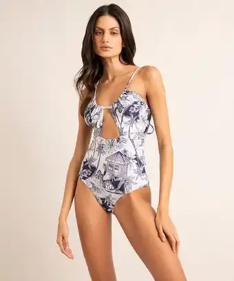 C&A Maiô body estampado toile de jouy com recorte e amarração proteção uv50+ além dos mares noronha manu gavassi off white oferta