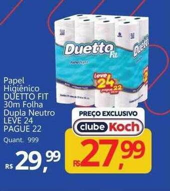 Supermercados Koch Papel Higiênico Duetto Fit 30m Folha Dupla Neutro Leve 24 Pague 22 oferta