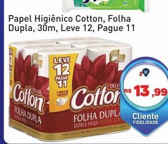 Papel higiênico cotton, folha dupla, 30m, leve 12, pague 11