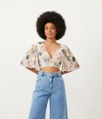 Renner Blusa cropped em tule com estampa tropical oferta