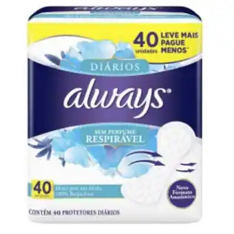 Asun Absorvente protetor diário always 40 unidades leve mais pague menos sem abas respirável oferta