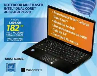 Lojas Cem Notebook Multilaser Intel Dual Core 4GB 64GB PC270 oferta