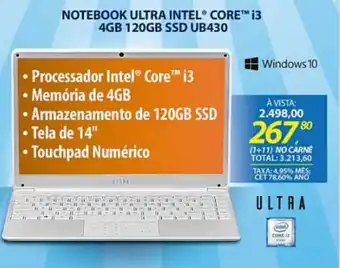 Lojas Cem Notebook Ultra Intel Core i3 4GB 120GB SSD UB430 oferta