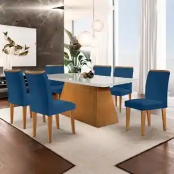 Lojas Guido Conjunto de mesa com 6 cadeiras rufato luna / lunara com vidro off white ./imb tec vel azul oferta