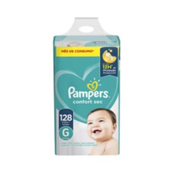 Supermercados Pague Menos Fralda pampers confort sec g com 128 unidades oferta