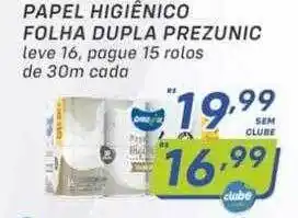 Prezunic Papel Higiênico Folha Dupla Prezunic Leve 16 Pague 15 Rolos De 30m Cada oferta