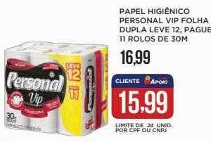 Apoio Mineiro Papel Higiênico Personal Vip Folha Dupla Leve 12 Pague 11 Rolos De 30m oferta
