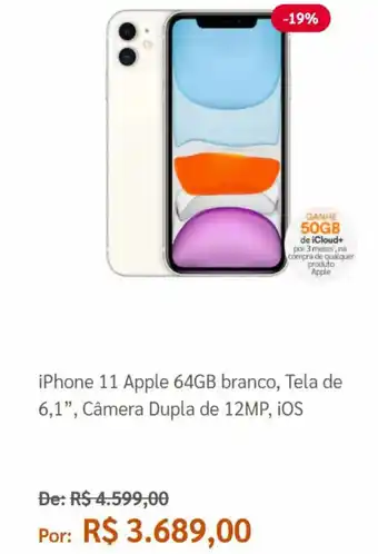 IPhone 11 Apple 64GB Branco, Tela de 6.1", Camera Dupla de 12MP, iOS