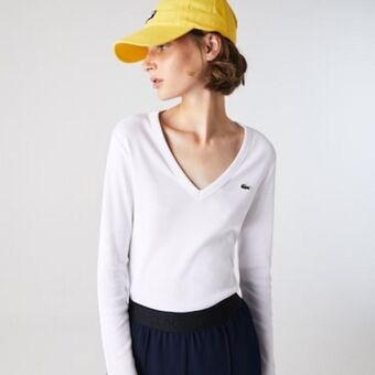 Lacoste Camiseta feminina em ribana de algodão com decote em v oferta