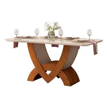 Lojas Koerich Mesa de jantar veneza 170cm estofada tampo de vidro rústico terrara /off white - dj móveis oferta