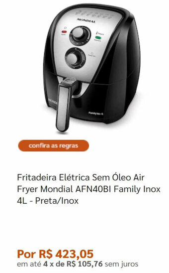 Pontofrio Fritadeira Eletrica Sem Oleo Air Fryer Mondial AFN40BI Family Inox 4L - Preta/ Inox oferta