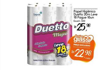 Giassi Supermercados Papel higiênico duetto 30m leve 18 pague 16 oferta
