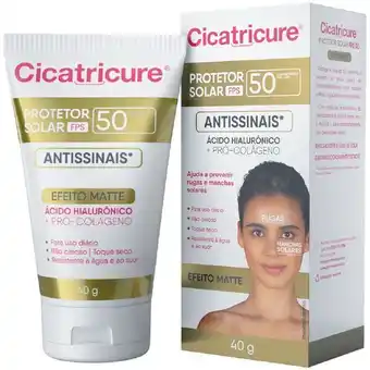 Farmácias Pague Menos Cicatricure protetor solar antissinais fps 50, 40g,protege a pele do sol, toque seco, com ácido hialurônico e pró-colágeno. oferta