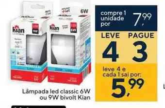 Lâmpada led classic 6w ou 9w bivolt kian