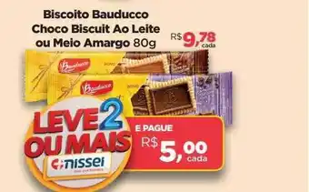 Farmácias Nissei Biscoito bauducco choco biscuit ao leite ou meio amargo oferta