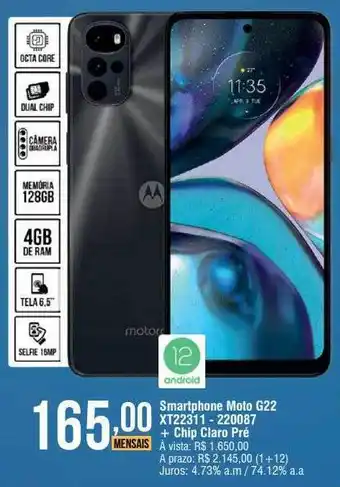 Berlanda Smartphone moto g22 xt22311 - 220087 + chip claro pré oferta