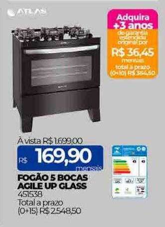 Lojas Certel Atlas fogão 5 bocas agile up glass oferta