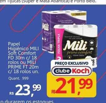 Supermercados Koch Papel higiênico mili soft comfort fd c- 18 rolos ou mili prime ft c- 18 rolos oferta