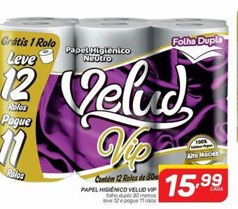 GBarbosa Papel higiênico velud vip folha dupla 30 metros leve 12 e pague 11 rolos oferta