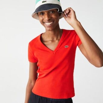 Lacoste Camiseta feminina em algodão macio com decote em v oferta