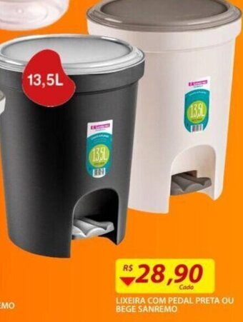 Lixeira com Pedal Preta ou Bege Sanremo 13.5L