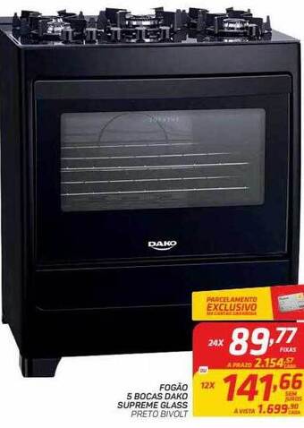 GBarbosa Fogão 5 bocas dako supreme glass preto bivolt oferta