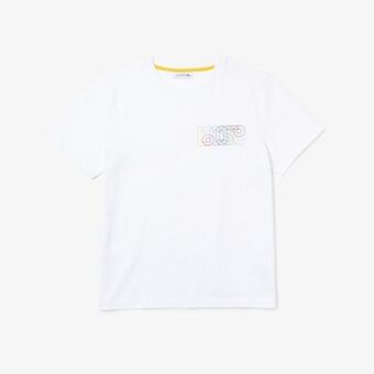Camiseta feminina em algodão com decote careca e assinatura bordada multicolor