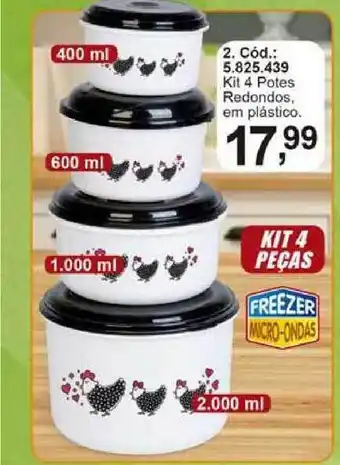 Kit 4 Potes Redondos Em Plástico 400ml, 600ml, 1000ml, 2000ml