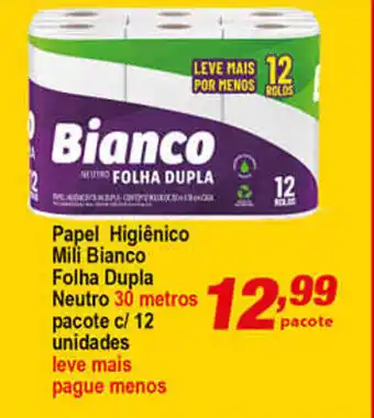 Papel Higiénico Mili Bianco Folha Dupla 30m com 12 unidades