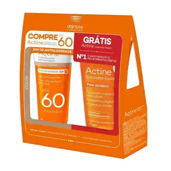 Farmácias Pague Menos Kit protetor solar facial actine com cor 10h antioliosidade fps60 40g gratis sabonete facial actine 60ml oferta