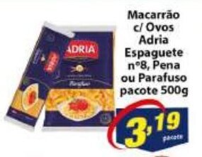 Vencedor Atacadista Macarrao c/ Ovos Adria Espaguete n 8, Parafuso ou Pene pacote 500g oferta