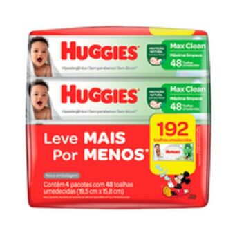 Supermercados Pague Menos Lenços umedecidos huggies max clean leve 4 pague 3 - 192 unidades oferta