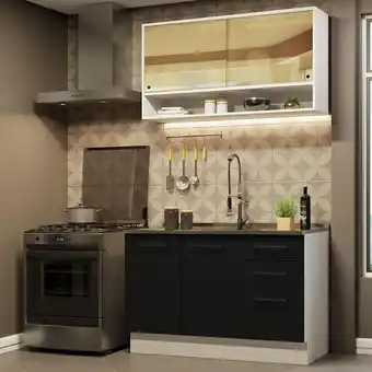 Pão de Açúcar Cozinha compacta madesa agata 120002 com armário e balcão (sem tampo e pia) - branco/preto oferta