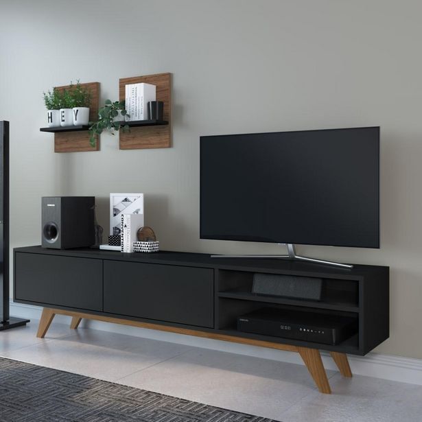 Rack home theater para tv sala de estar 2 portas 2 nichos retangular preto marrom madeira oferta