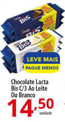 Chocolate Lacta Bis c/3 ao leite ou Branco