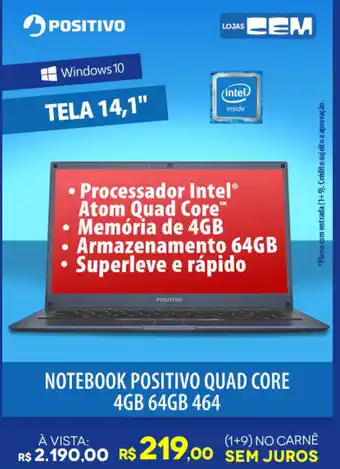 Lojas Cem Notebook Positivo Quad Core 4GB 64GB 464 oferta