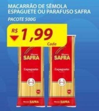 Macarrao de Semola Espaguete ou parafuso Safra 500g