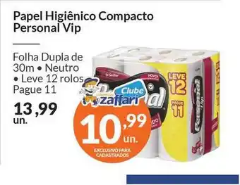 Zaffari Papel Higiênico Compacto Personal Vip Folha Dupla Neutro Leve 12 Rolos Pague 11 oferta