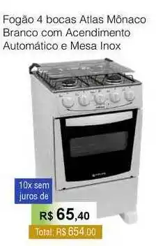 Fogão 4 Bocas Atlas Mônaco Branco Com Acendimento Automático E Mesa Inox