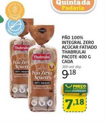 Cooper Pão 100% integral zero açúcar fatiado thabrulai pacote cada oferta