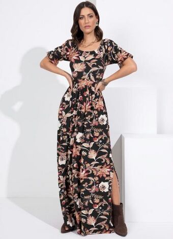 Posthaus Quintess - vestido longo floral folk com bolsos oferta