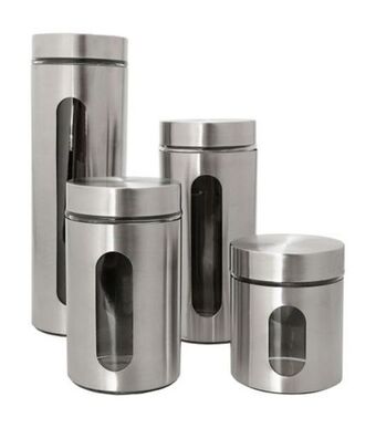 Jogo potes herméticos de inox e vidro redondo 4 peças útil bazar 550ml rf1150