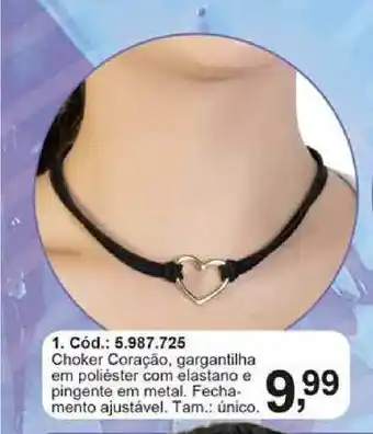 Choker Coração Gargantilha Em Poliester Com Elastano E Pingente Em Metal Fecha Mento Ajustável