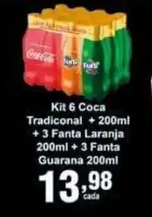 Rossi Supermercado Kit 6 Coca Tradicional + 200ml + 3 Fanta Laranja 200ml + 3 Fanta Guarana 200ml oferta