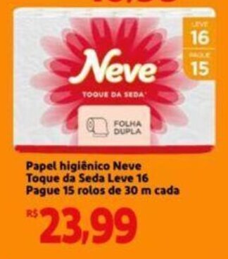 Extra Supermercado Papel Higienico Neve toque da seda Leve 12 Pague 11 rolos de 30m cada oferta