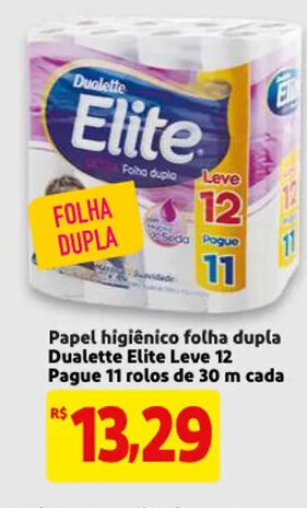 Mercado Extra Papel Higiénico folha dupla Dualette Elite Lave 12 Pague 11 rolos de 30m cada oferta